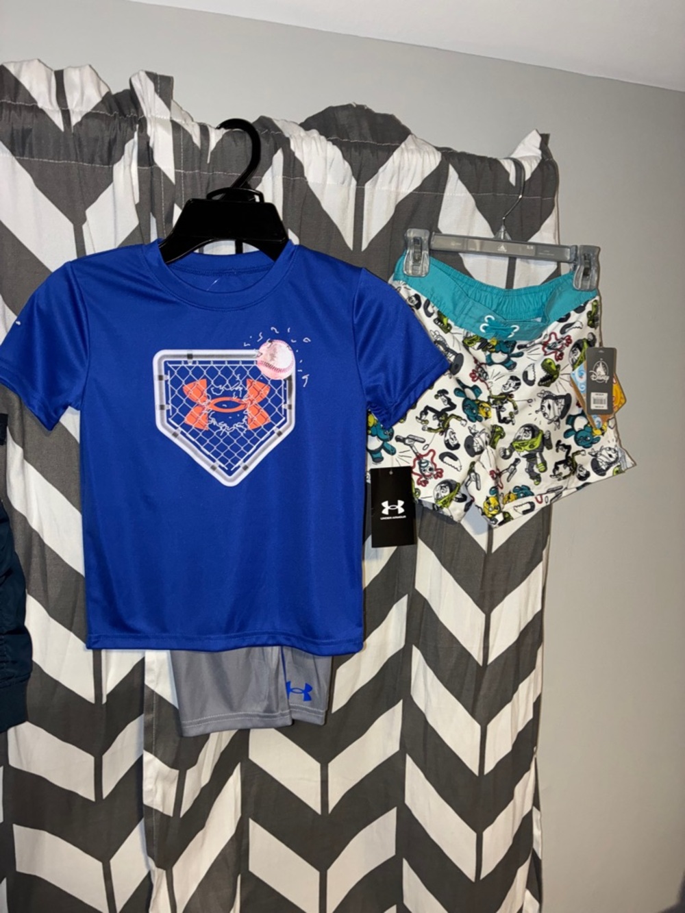 Under Armour boys toddler shorts and T-shirt set, Disney Toy Story swim shorts